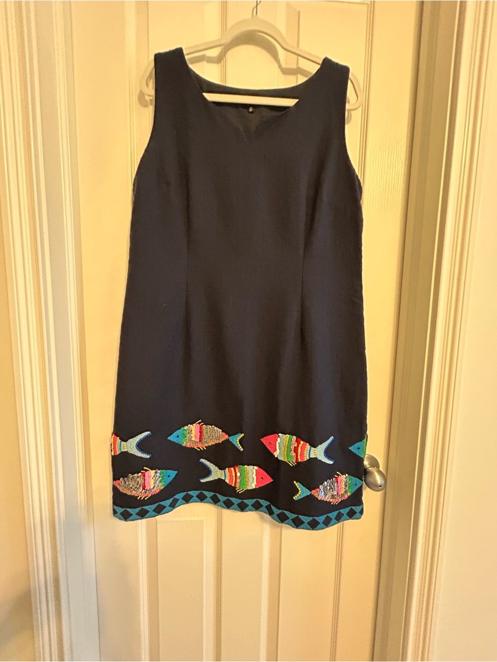Talbots Navy Sleeveless Shift Dress with Colorful Fish Embroidery